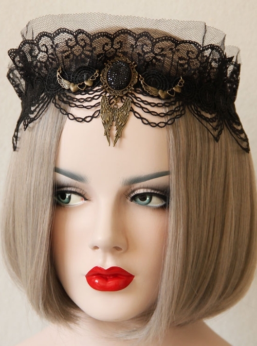 Halloween Gothic Bride Black Lace Mesh Female Wings Gems Crown Headband