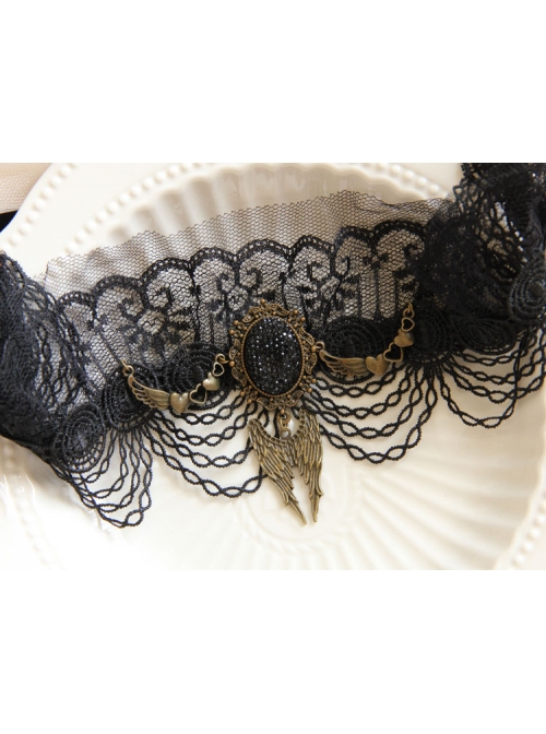 Halloween Gothic Bride Black Lace Mesh Female Wings Gems Crown Headband