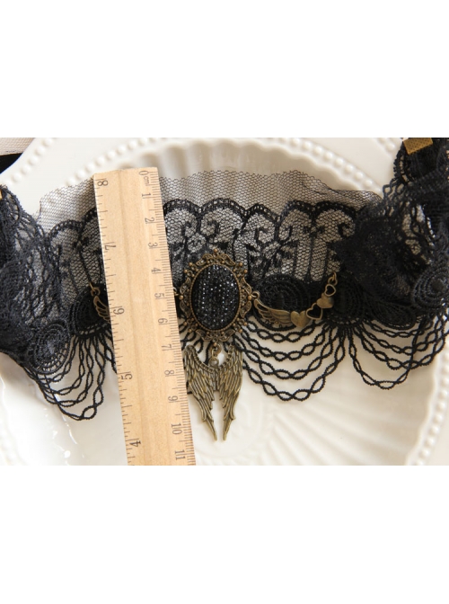 Halloween Gothic Bride Black Lace Mesh Female Wings Gems Crown Headband