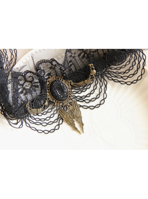 Halloween Gothic Bride Black Lace Mesh Female Wings Gems Crown Headband