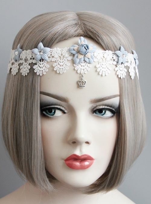 Baroque White Lace Blue Flowers Ribbon Crown Wreath Retro Handmade Hairband