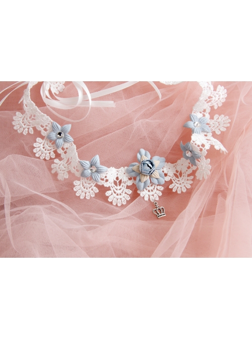 Baroque White Lace Blue Flowers Ribbon Crown Wreath Retro Handmade Hairband