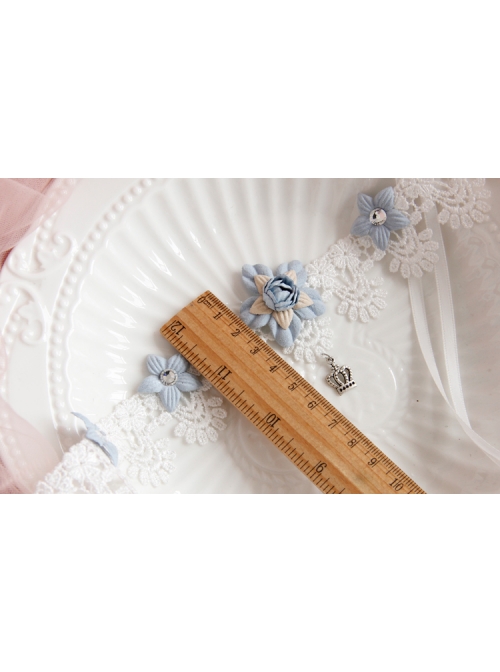 Baroque White Lace Blue Flowers Ribbon Crown Wreath Retro Handmade Hairband