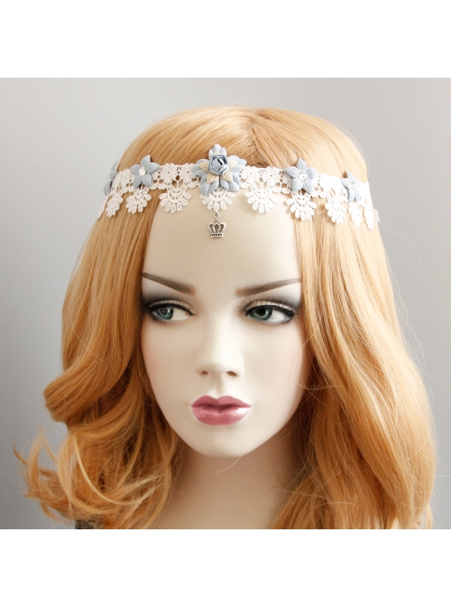 Baroque White Lace Blue Flowers Ribbon Crown Wreath Retro Handmade Hairband