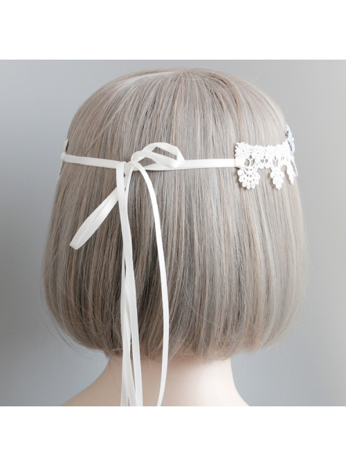 Baroque White Lace Blue Flowers Ribbon Crown Wreath Retro Handmade Hairband