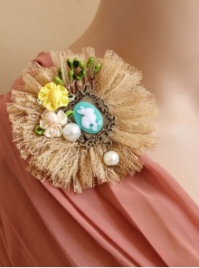 Big Flower Rabbit Pearl Beige Lace Retro Handmade Antique Female Epaulette Corsage Pin Buckle