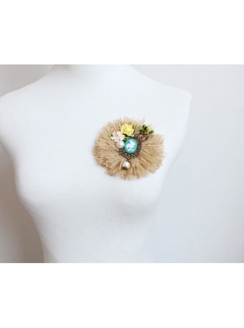Big Flower Rabbit Pearl Beige Lace Retro Handmade Antique Female Epaulette Corsage Pin Buckle