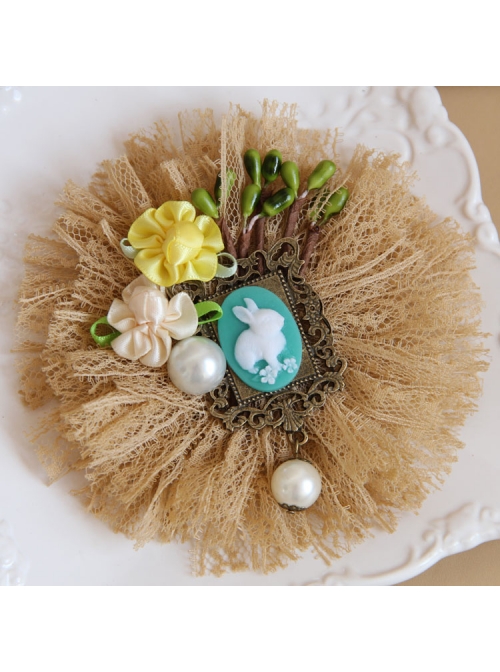 Big Flower Rabbit Pearl Beige Lace Retro Handmade Antique Female Epaulette Corsage Pin Buckle