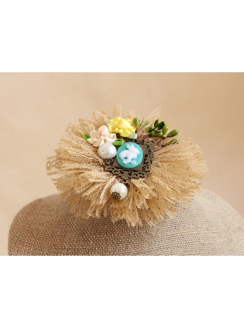 Big Flower Rabbit Pearl Beige Lace Retro Handmade Antique Female Epaulette Corsage Pin Buckle
