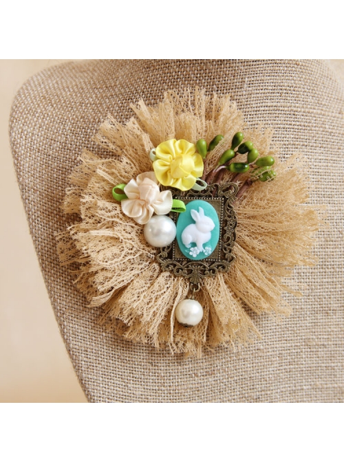 Big Flower Rabbit Pearl Beige Lace Retro Handmade Antique Female Epaulette Corsage Pin Buckle