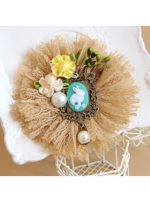 Big Flower Rabbit Pearl Beige Lace Retro Handmade Antique Female Epaulette Corsage Pin Buckle