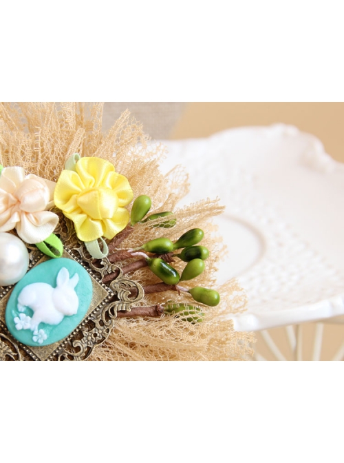 Big Flower Rabbit Pearl Beige Lace Retro Handmade Antique Female Epaulette Corsage Pin Buckle