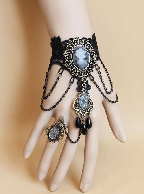 Gothic Prom Black Lace Portrait Pearl Jewel Female Bracelet With Ring One Chain