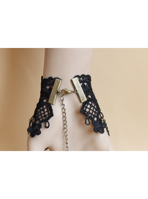Gothic Prom Black Lace Portrait Pearl Jewel Female Bracelet With Ring One Chain