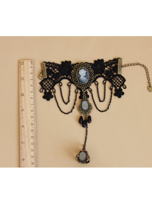Gothic Prom Black Lace Portrait Pearl Jewel Female Bracelet With Ring One Chain