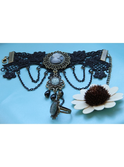 Gothic Prom Black Lace Portrait Pearl Jewel Female Bracelet With Ring One Chain