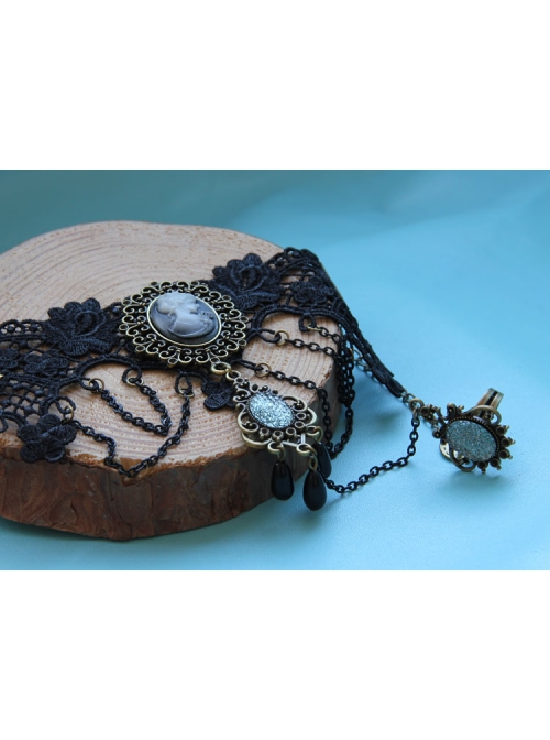 Gothic Prom Black Lace Portrait Pearl Jewel Female Bracelet With Ring One Chain