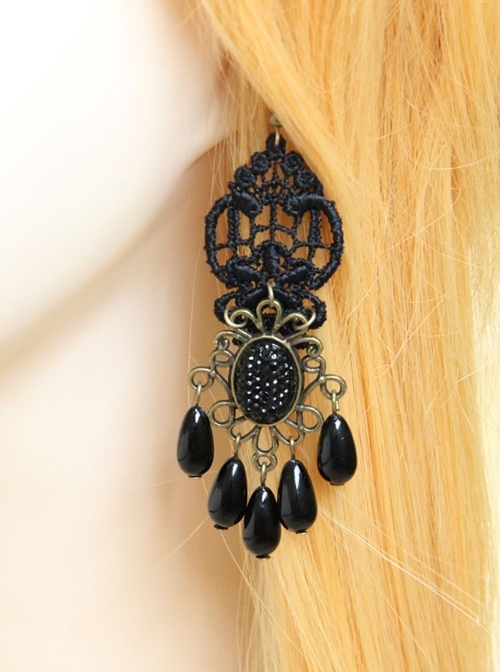 Gothic Black Retro Party Exaggerated Pearl Lace Female Earrings