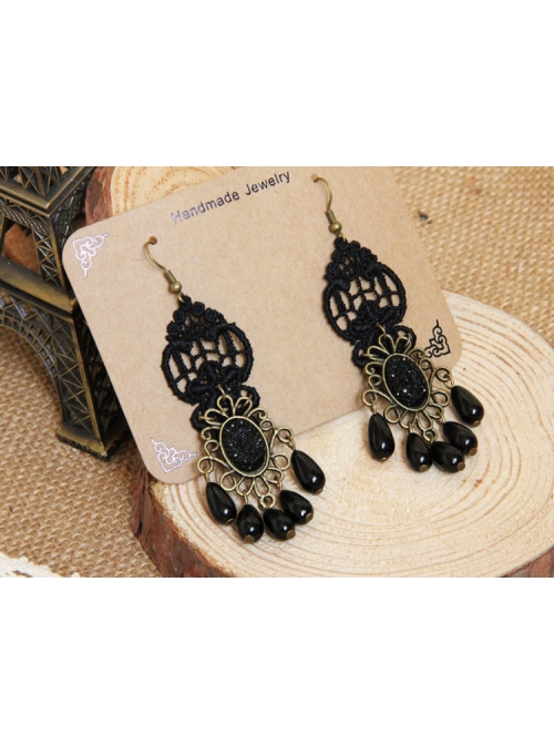 Gothic Black Retro Party Exaggerated Pearl Lace Female Earrings