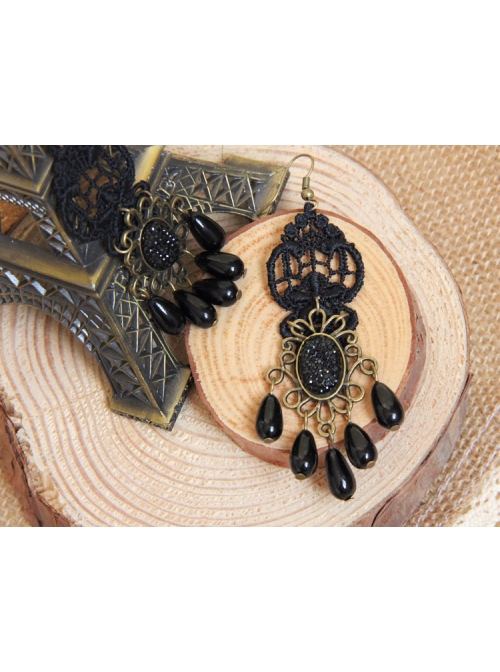 Gothic Black Retro Party Exaggerated Pearl Lace Female Earrings