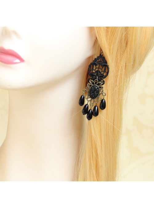 Gothic Black Retro Party Exaggerated Pearl Lace Female Earrings