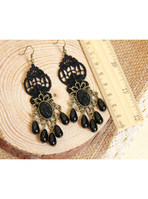 Gothic Black Retro Party Exaggerated Pearl Lace Female Earrings