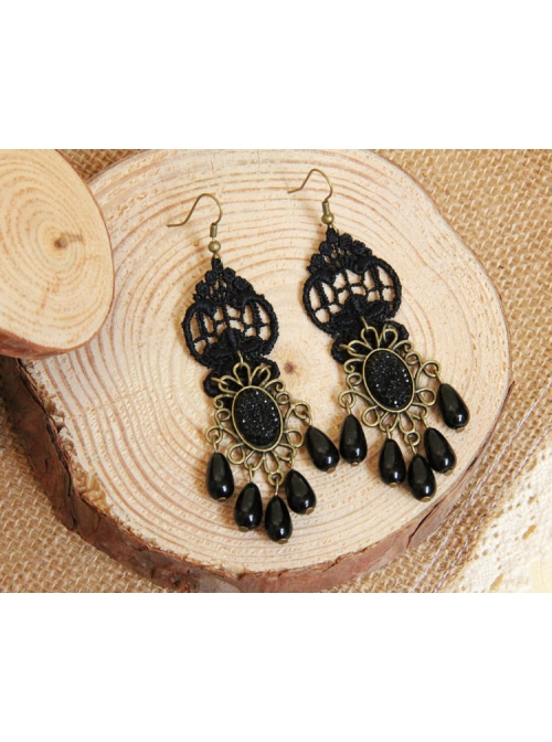 Gothic Black Retro Party Exaggerated Pearl Lace Female Earrings