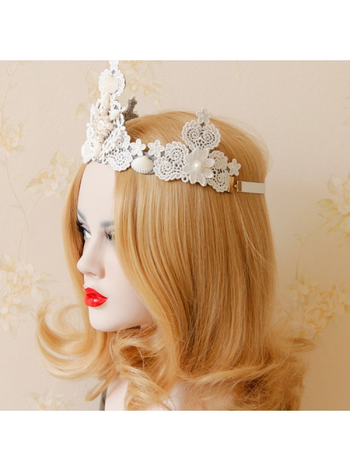 Baroque Pearl Shell Big Crown Bride Wedding White Lace Headband