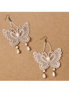 Palace Style Baroque Fashion White Long Lace Pearl Butterfly Earrings