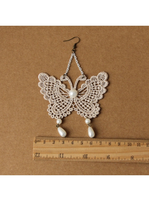 Palace Style Baroque Fashion White Long Lace Pearl Butterfly Earrings