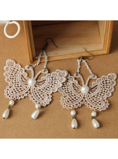 Palace Style Baroque Fashion White Long Lace Pearl Butterfly Earrings