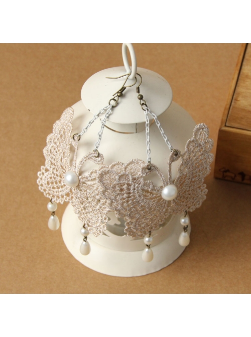 Palace Style Baroque Fashion White Long Lace Pearl Butterfly Earrings