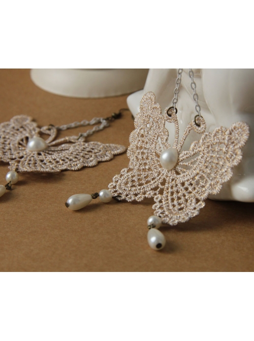 Palace Style Baroque Fashion White Long Lace Pearl Butterfly Earrings