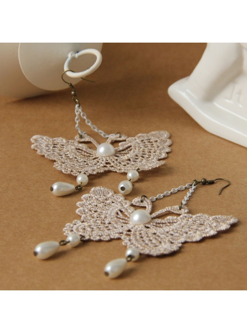 Palace Style Baroque Fashion White Long Lace Pearl Butterfly Earrings