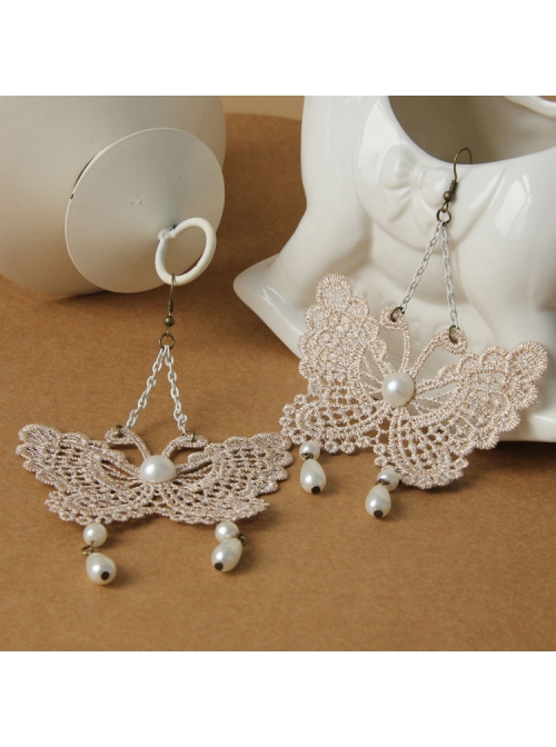 Palace Style Baroque Fashion White Long Lace Pearl Butterfly Earrings