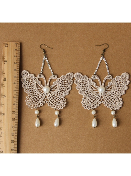 Palace Style Baroque Fashion White Long Lace Pearl Butterfly Earrings