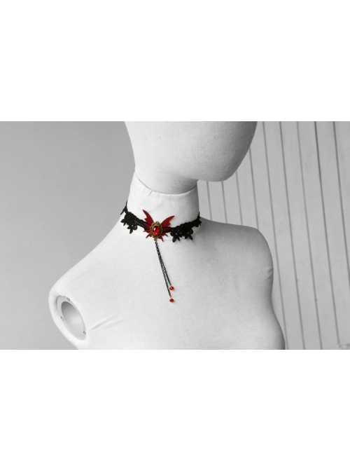Gothic Retro Vampire Black Lace Female Butterfly Palace Style Ruby Choker