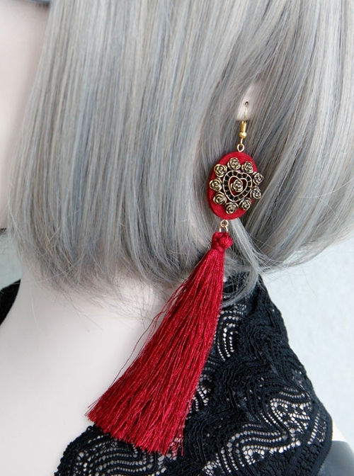 Fashion Personality Gothic Red Fabric Retro Love Long Exaggerated Tassel Earrings