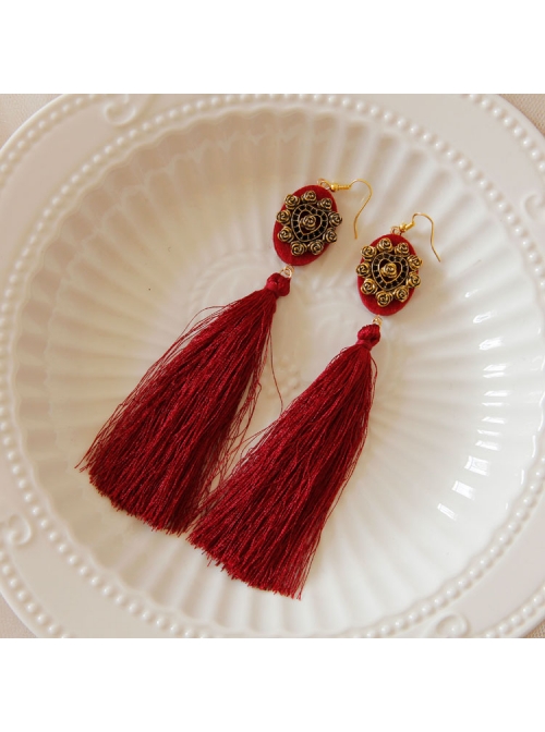 Fashion Personality Gothic Red Fabric Retro Love Long Exaggerated Tassel Earrings