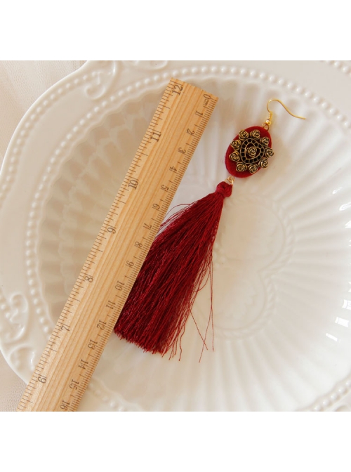 Fashion Personality Gothic Red Fabric Retro Love Long Exaggerated Tassel Earrings