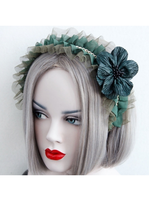 Fashion Retro Dark Green Maid Style All-Match Flower Lace Rhinestone Broad-Brim Hair Band