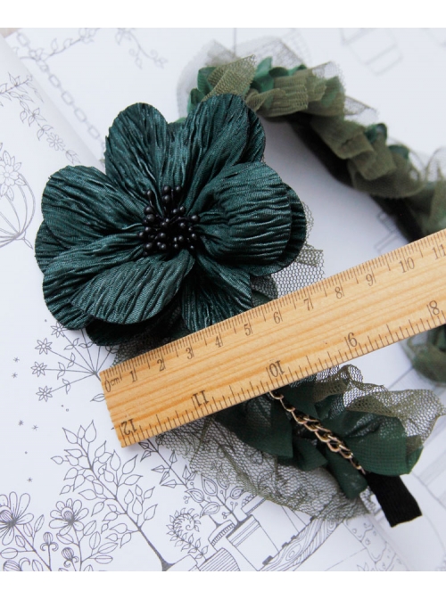 Fashion Retro Dark Green Maid Style All-Match Flower Lace Rhinestone Broad-Brim Hair Band