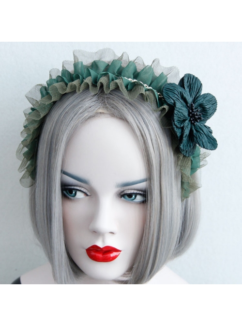 Fashion Retro Dark Green Maid Style All-Match Flower Lace Rhinestone Broad-Brim Hair Band