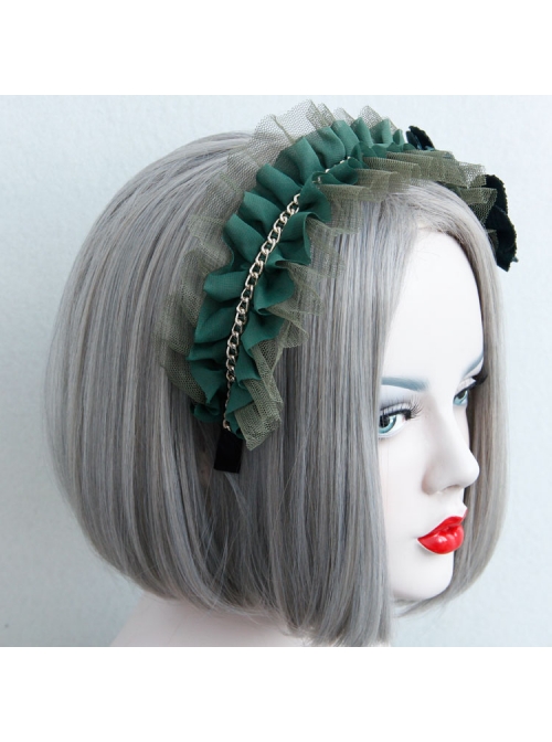 Fashion Retro Dark Green Maid Style All-Match Flower Lace Rhinestone Broad-Brim Hair Band