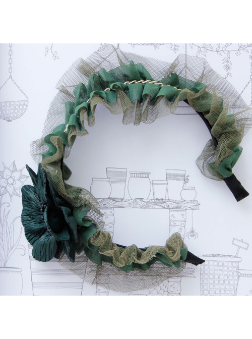 Fashion Retro Dark Green Maid Style All-Match Flower Lace Rhinestone Broad-Brim Hair Band