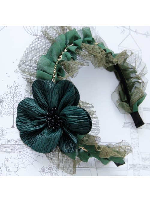 Fashion Retro Dark Green Maid Style All-Match Flower Lace Rhinestone Broad-Brim Hair Band