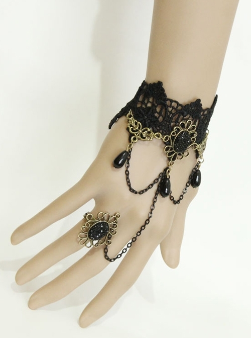 Retro Gothic Christmas Festive Black Lace Edge Pearl Wishing Female Ring Bracelet One