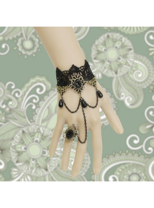 Retro Gothic Christmas Festive Black Lace Edge Pearl Wishing Female Ring Bracelet One
