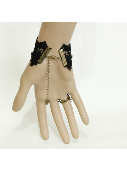 Retro Gothic Christmas Festive Black Lace Edge Pearl Wishing Female Ring Bracelet One