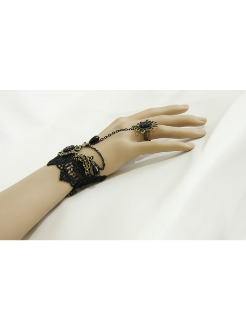 Retro Gothic Christmas Festive Black Lace Edge Pearl Wishing Female Ring Bracelet One